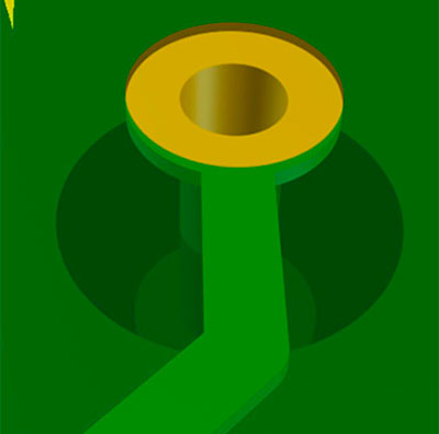 Blind via with trace entering bottom layer (layer 6) and exiting mid-layer (layer 3).