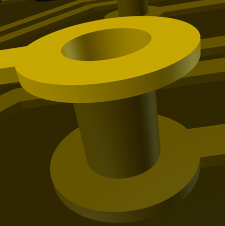 A buried via with the trace entering mid-layer 1 (layer 3) and exiting mid-layer 2 (layer 4).