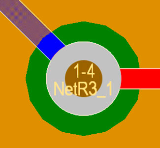 Examples of PTH vias tented and untented. The trace is entering the top layer and exiting from the bottom layer.
