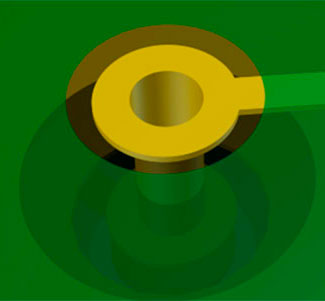 Examples of PTH vias tented and untented. The trace is entering the top layer and exiting from the bottom layer.