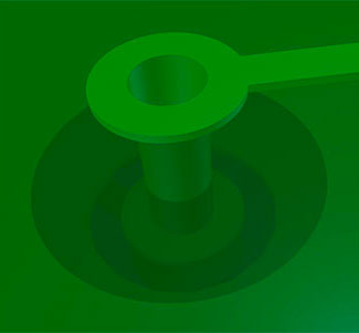 Examples of PTH vias tented and untented. The trace is entering the top layer and exiting from the bottom layer.