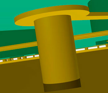 Examples of PTH vias tented and untented. The trace is entering the top layer and exiting from the bottom layer.