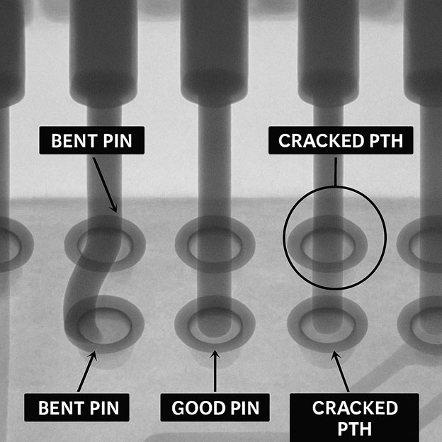 X-ray inspection reveals hidden defects such as bent pins and cracked PTH barrels in press fit assemblies.